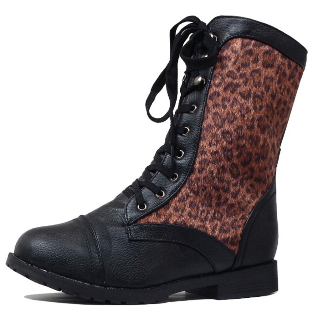Leopard Print Combat Boots Faux Fur Pony Booties